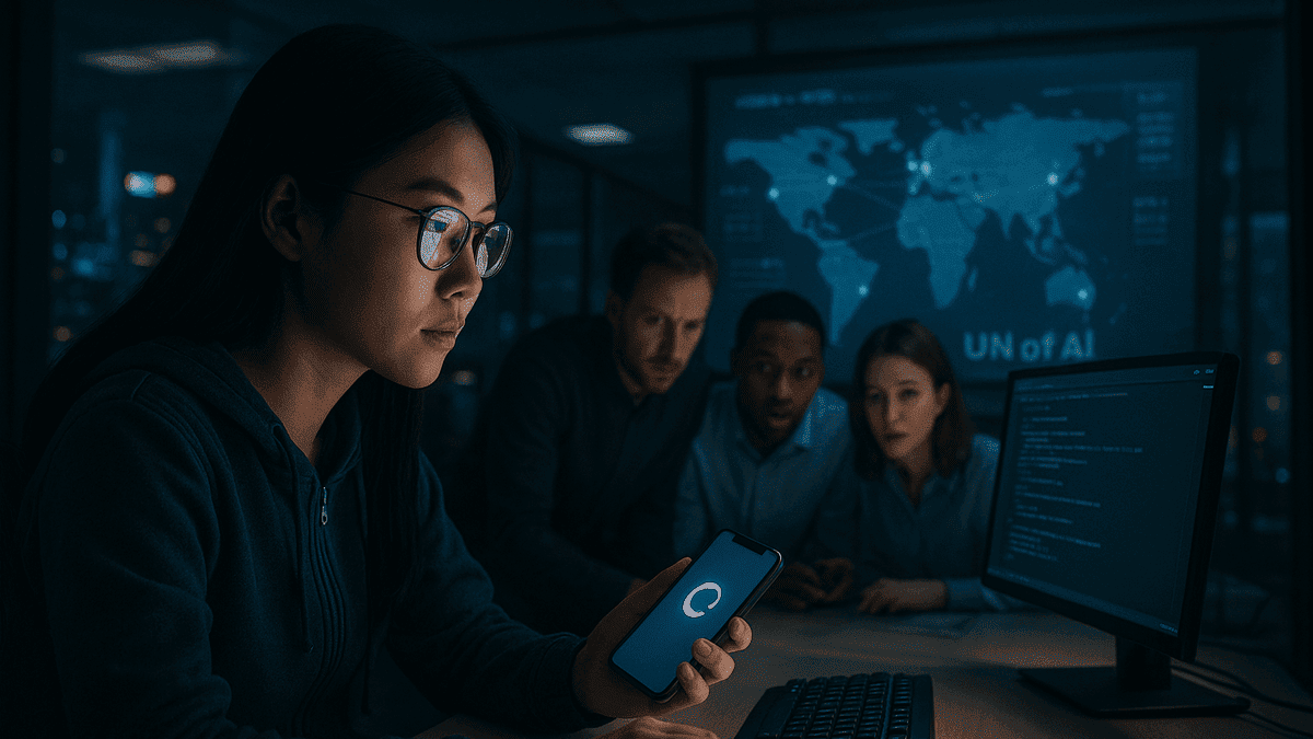Ingeniera china frente a un mapa mundial de cooperación en IA, representando Kimi K3 y WAICO